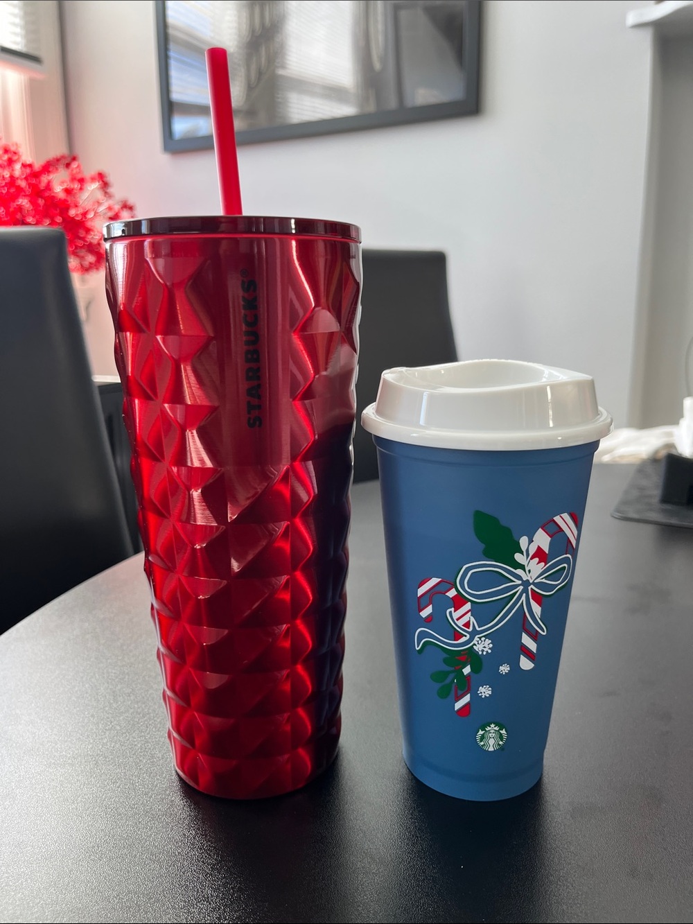 Starbucks Red Stainless Steel Tumbler + Blue Candy Cane Reusable Hot Cup, NEW
